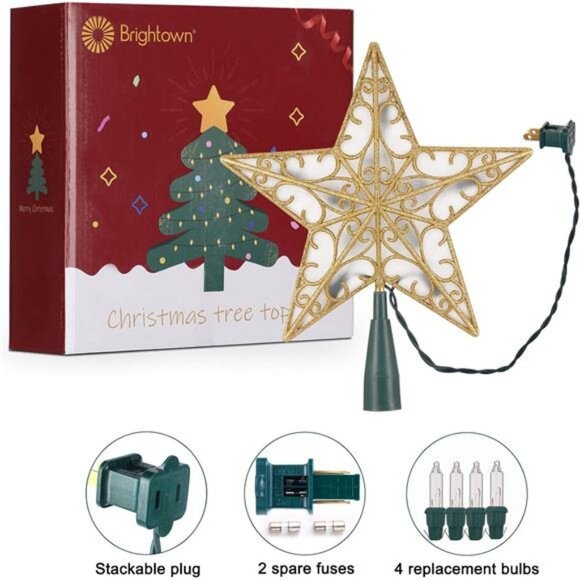 Christmas Star Tree Topper, 9.5In Plug in Sliver Glittered...